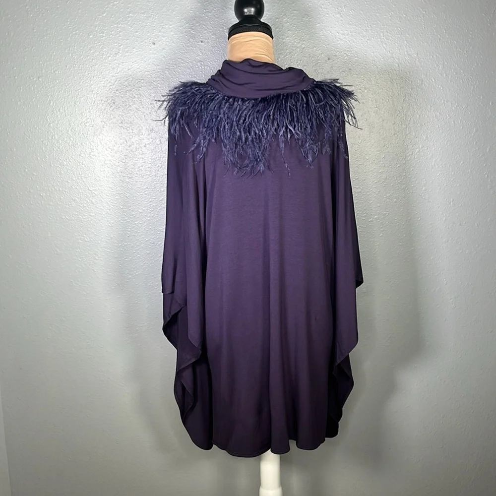 Chicos purple feather trim cowl neck fancy feathers poncho sz L/XL